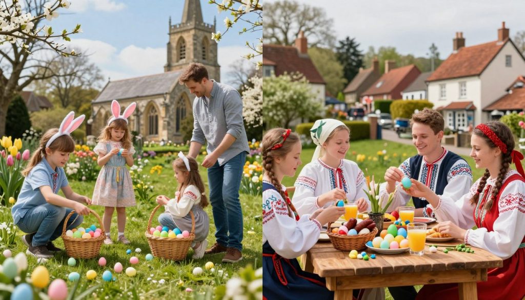 A split-scene image illustrating the comparison of Easter traditions in the UK and Poland. On the left, a charming British family in modest casual clothing participates in an Easter egg hunt in a sunlit garden, surrounded by pastel-colored eggs and blooming flowers. On the right, a Polish family dressed in traditional attire enjoys a festive Easter breakfast, with beautifully decorated Easter baskets filled with symbolic foods like sausages and eggs, set on a rustic wooden table adorned with spring decorations. In the background, the UK scene features a historic church, while the Polish side shows a picturesque village with quaint, traditional houses. The overall mood is joyful and celebratory, capturing the essence of both cultures during this festive time. Bright, natural lighting emphasizes the cheerful atmosphere. A split-scene image illustrating the comparison of Easter traditions in the UK and Poland. On the left, a charming British family in modest casual clothing participates in an Easter egg hunt in a sunlit garden, surrounded by pastel-colored eggs and blooming flowers. On the right, a Polish family dressed in traditional attire enjoys a festive Easter breakfast, with beautifully decorated Easter baskets filled with symbolic foods like sausages and eggs, set on a rustic wooden table adorned with spring decorations. In the background, the UK scene features a historic church, while the Polish side shows a picturesque village with quaint, traditional houses. The overall mood is joyful and celebratory, capturing the essence of both cultures during this festive time. Bright, natural lighting emphasizes the cheerful atmosphere.