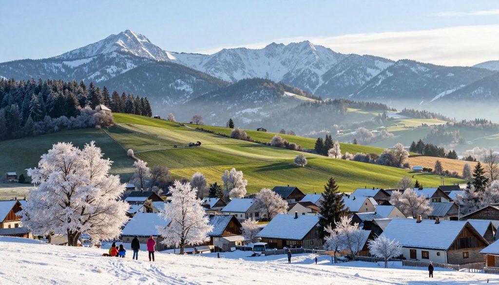 A split-view landscape showcasing the climatic differences between Poland and other regions in Europe. In the foreground, depict a snowy Polish winter scene with frost-covered trees, a quaint village under a pale blue sky, and people dressed in warm clothing enjoying winter activities. In the middle ground, illustrate rolling hills transitioning into a lush, temperate European environment with blooming flowers and green fields representing milder climates, cast under bright sunlight. The background features a mountainous region with towering peaks, either sunlit or shrouded in mist, emphasizing the contrast between the climates. The lighting should create a serene, yet dynamic atmosphere, capturing the essence of Europe&rsquo;s diverse weather patterns. Utilize a wide-angle perspective to encompass the expanse of both climates harmoniously.