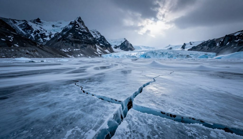 A stark, desolate landscape depicting extreme climate conditions in a harsh, frozen environment. In the foreground, cracked ice and snow formations jut out, showcasing intricate patterns. The middle ground features a vast stretch of icy terrain, with snowdrifts sculpted by fierce winds. The background reveals towering, jagged mountains covered in glistening glaciers under a moody, overcast sky. Dim, cold light filters through the thick cloud cover, casting a bluish hue across the scene. A sense of isolation, fragility, and the relentless power of nature pervades the atmosphere, enhancing the feeling of extremity in this frozen wilderness. The composition should emphasize depth and texture, captured with a wide-angle lens for dramatic effect.