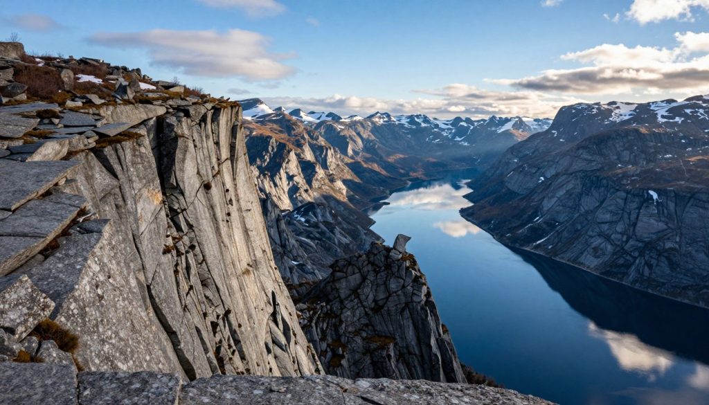 A stunning comparison of steep rock formations prominently featured in Norway, focusing on the Trolltunga and the surrounding dramatic cliffs. In the foreground, a rugged rocky outcrop with sharp edges and textures glistening in the soft morning light. In the middle ground, the iconic Trolltunga juts out majestically over a serene fjord, reflecting the striking granite cliffs on the water's surface. The background showcases a vast expanse of mountains capped with patches of snow, under a clear blue sky dotted with wispy clouds. The atmosphere feels awe-inspiring and tranquil, with a sense of grandeur that encapsulates the beauty of Norway's natural landscape. Lighting is bright and dynamic, highlighting the intricate details of the rock formations, shot from a slightly elevated angle for depth.