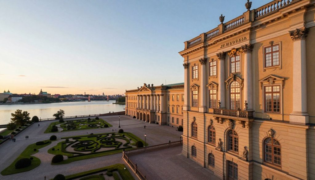 A stunning view of the Royal Palace of Stockholm, showcasing its unique architectural design. In the foreground, intricate baroque elements such as decorative columns and ornate sculptures are highlighted, capturing the grandeur of the palace's façade. The middle ground reveals the expansive courtyards and meticulously landscaped gardens, creating a harmonious relationship with the architecture. In the background, the serene waters of the nearby lake reflect the palace's elegant silhouette under a soft, golden sunset, casting warm, inviting light across the scene. The atmosphere feels regal and serene, inviting the viewer to appreciate the craftsmanship and historical significance of the palace. The angle captures the imposing structure from a slight upward perspective, emphasizing its majestic stature. A stunning view of the Royal Palace of Stockholm, showcasing its unique architectural design. In the foreground, intricate baroque elements such as decorative columns and ornate sculptures are highlighted, capturing the grandeur of the palace's façade. The middle ground reveals the expansive courtyards and meticulously landscaped gardens, creating a harmonious relationship with the architecture. In the background, the serene waters of the nearby lake reflect the palace's elegant silhouette under a soft, golden sunset, casting warm, inviting light across the scene. The atmosphere feels regal and serene, inviting the viewer to appreciate the craftsmanship and historical significance of the palace. The angle captures the imposing structure from a slight upward perspective, emphasizing its majestic stature.