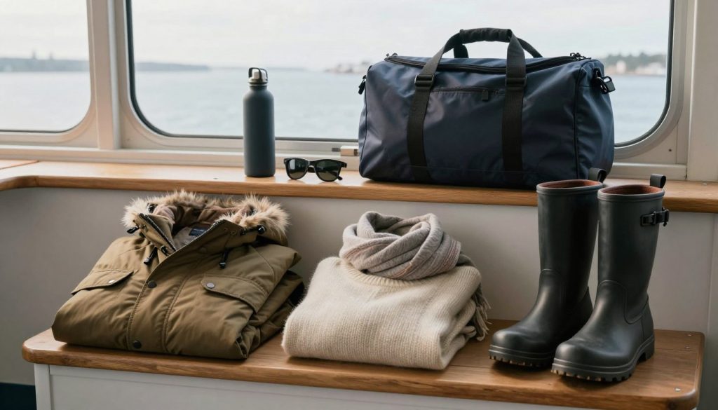 A stylishly arranged display of travel outfits suitable for a ferry trip to Sweden, featuring a variety of clothing and accessories for all seasons. In the foreground, showcase a neatly folded parka, a lightweight sweater, a pair of waterproof boots, and a cozy scarf, highlighting practicality and comfort. The middle layer includes a selection of travel-friendly accessories like a travel bag, sunglasses, and a reusable water bottle, emphasizing readiness for adventure. In the background, soft natural light filters through a window, suggesting a cozy indoor setting, with a glimpse of the sea visible, enhancing the maritime theme. The overall atmosphere is inviting and serene, capturing the essence of preparing for a journey across the water. A stylishly arranged display of travel outfits suitable for a ferry trip to Sweden, featuring a variety of clothing and accessories for all seasons. In the foreground, showcase a neatly folded parka, a lightweight sweater, a pair of waterproof boots, and a cozy scarf, highlighting practicality and comfort. The middle layer includes a selection of travel-friendly accessories like a travel bag, sunglasses, and a reusable water bottle, emphasizing readiness for adventure. In the background, soft natural light filters through a window, suggesting a cozy indoor setting, with a glimpse of the sea visible, enhancing the maritime theme. The overall atmosphere is inviting and serene, capturing the essence of preparing for a journey across the water.