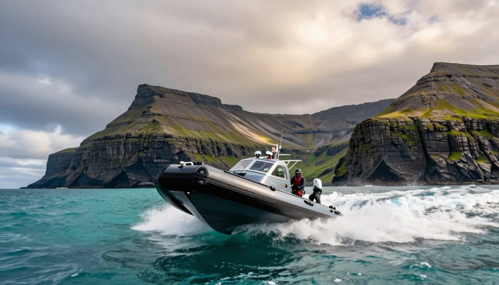 A thrilling scene of a RIB (Rigid Inflatable Boat) speeding across the vibrant turquoise waters of the Faroe Islands. In the foreground, the sleek and dynamic RIB boat is carving through the waves, with spray flying up from the hull. The midground captures the spectacular cliffs of the Faroe Islands, rugged and dramatic, with patches of greenery clinging to their surfaces. The background features a dramatic sky, filled with swirling clouds illuminated by soft sunlight breaking through, creating a sense of adventure and excitement. The angle should be slightly tilted to emphasize the speed of the boat, evoking a feeling of adrenaline. The overall mood is exhilarating, reflecting the beauty and thrill of outdoor activities in this stunning landscape.