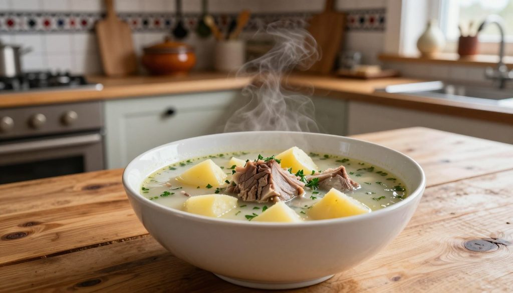 A traditional bowl of Suaasat, a Greenlandic soup, sits prominently in the foreground, showcasing rich, hearty ingredients like chunks of seal meat, potatoes, and aromatic herbs, simmering in a creamy broth. The bowl is placed on a rustic wooden table, reflecting the Inuit culture. In the middle ground, a backdrop of a cozy kitchen can be seen, with traditional Greenlandic decor and native tools subtly arranged on shelves. Warm, soft lighting enhances the comforting atmosphere, evoking a sense of home and warmth. The scene is captured from a slightly elevated angle to emphasize the vibrant colors and textures of the soup. Add a faint steam rising from the bowl, suggesting the dish's warmth and freshness, while maintaining a clean, uncluttered presentation. A traditional bowl of Suaasat, a Greenlandic soup, sits prominently in the foreground, showcasing rich, hearty ingredients like chunks of seal meat, potatoes, and aromatic herbs, simmering in a creamy broth. The bowl is placed on a rustic wooden table, reflecting the Inuit culture. In the middle ground, a backdrop of a cozy kitchen can be seen, with traditional Greenlandic decor and native tools subtly arranged on shelves. Warm, soft lighting enhances the comforting atmosphere, evoking a sense of home and warmth. The scene is captured from a slightly elevated angle to emphasize the vibrant colors and textures of the soup. Add a faint steam rising from the bowl, suggesting the dish's warmth and freshness, while maintaining a clean, uncluttered presentation.