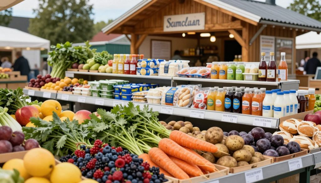 A vibrant Swedish market scene displaying an array of fresh food items and daily groceries. In the foreground, colorful fruits and vegetables are arranged in baskets, showcasing organic produce typical in Sweden, such as berries, carrots, and potatoes. The middle ground features a clean and organized grocery display with packaged products, including local dairy, bread, and beverages, all labeled in Swedish. The background reveals a quaint Swedish market stall with a wooden structure, surrounded by greenery and a clear blue sky. Soft natural light highlights the freshness of the food, creating a warm and welcoming atmosphere. The scene captures a sense of community and abundance, inviting viewers to explore the costs of food in Sweden.