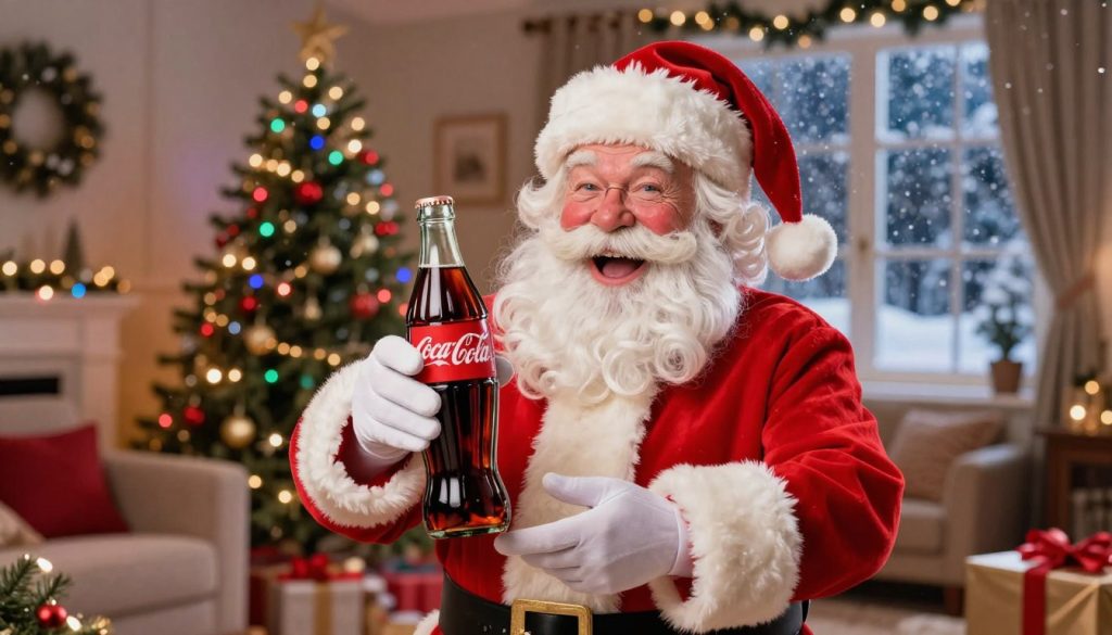A vibrant and festive Coca-Cola advertisement featuring a cheerful Santa Claus in his iconic red suit, delivering bottles of Coca-Cola amidst a winter wonderland. In the foreground, Santa is joyfully holding a classic glass Coca-Cola bottle, with his rosy cheeks and hearty laugh conveying happiness. The middle ground shows a warmly lit cozy living room decorated with colorful lights and a beautifully adorned Christmas tree. In the background, snow gently falls outside a window, creating a magical winter atmosphere. The lighting is soft and warm, simulating a cozy evening glow. Capture the mood of holiday joy and merriment, evoking feelings of nostalgia related to the Coca-Cola brand. The image should be visually engaging, radiating festive cheer without any text or overlays.