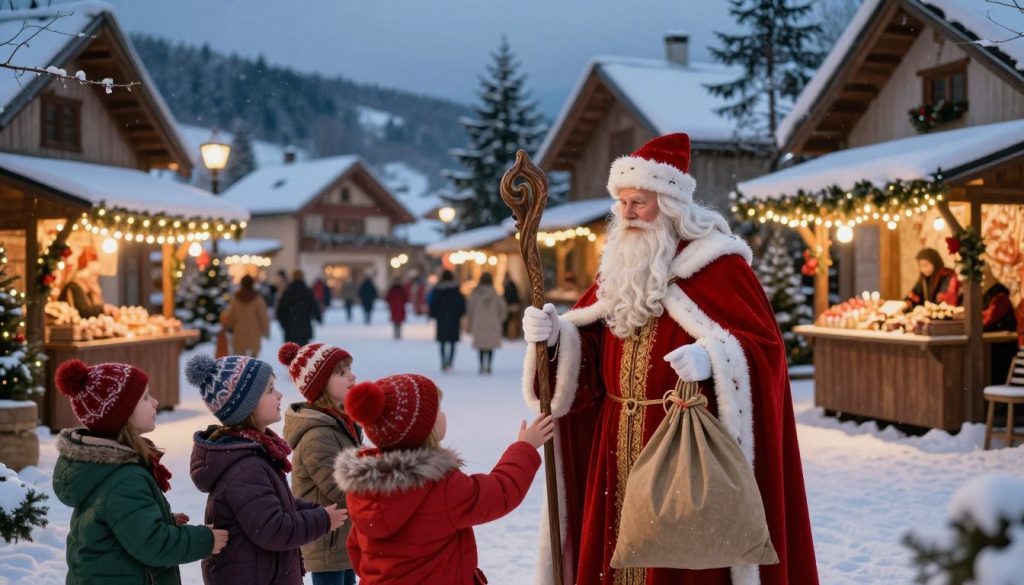 A vibrant and festive scene depicting the traditional image of Saint Nicholas, inspired by historical and cultural elements. In the foreground, a warmly dressed Saint Nicholas with a long white beard, wearing a classic red robe with white fur trim, holds a staff and a bag full of gifts. Surrounding him are children dressed in colorful winter attire, joyfully reaching out to him. The middle ground features a quaint village square decorated with twinkling lights and Christmas ornaments, showcasing wooden stalls selling holiday treats. The background reveals a snow-dusted landscape with pine trees under a twilight sky, casting a soft, warm glow. The atmosphere is cheerful and nostalgic, evoking the spirit of giving and traditional holiday celebrations. Soft, golden lighting enhances the warm, inviting mood. A vibrant and festive scene depicting the traditional image of Saint Nicholas, inspired by historical and cultural elements. In the foreground, a warmly dressed Saint Nicholas with a long white beard, wearing a classic red robe with white fur trim, holds a staff and a bag full of gifts. Surrounding him are children dressed in colorful winter attire, joyfully reaching out to him. The middle ground features a quaint village square decorated with twinkling lights and Christmas ornaments, showcasing wooden stalls selling holiday treats. The background reveals a snow-dusted landscape with pine trees under a twilight sky, casting a soft, warm glow. The atmosphere is cheerful and nostalgic, evoking the spirit of giving and traditional holiday celebrations. Soft, golden lighting enhances the warm, inviting mood.