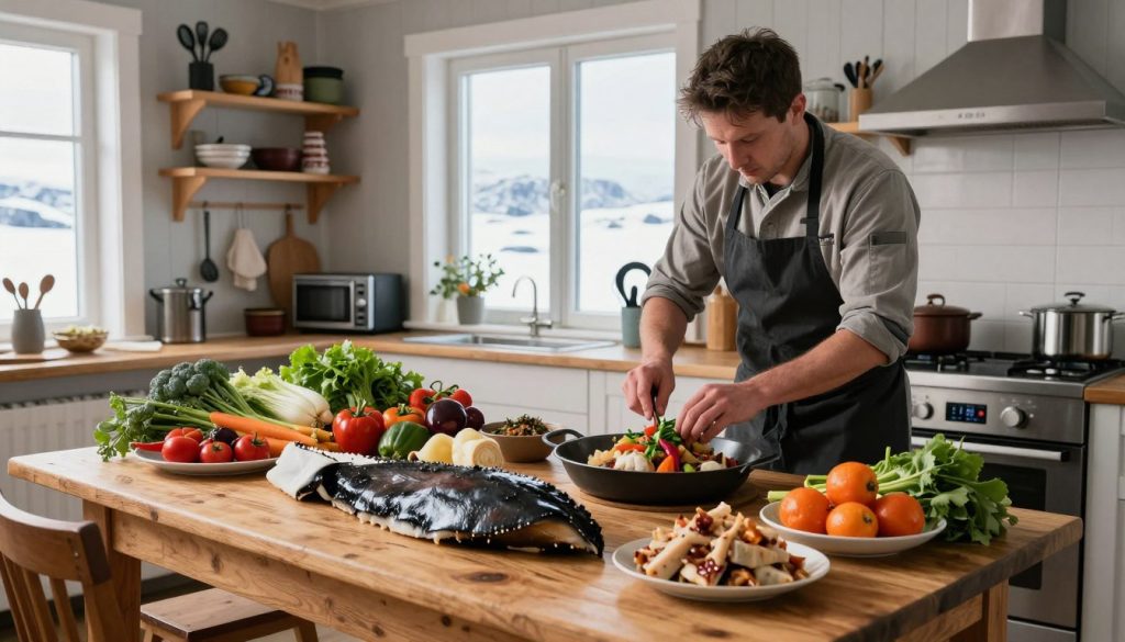 A vibrant and inviting Greenlandic kitchen scene showcasing the influences of external culinary traditions. In the foreground, a traditional wooden table is laden with unique Greenlandic ingredients like kiviak (fermented auk), mattak (whale skin), and fresh local vegetables. A chef, dressed in modest casual clothing, is skillfully preparing a traditional dish, demonstrating the blending of Inuit and modern culinary styles. In the middle ground, a window reveals a snowy landscape outside, hinting at the Arctic environment. The background features shelves filled with both traditional utensils and modern kitchen appliances, symbolizing adaptation. Soft natural lighting filters through the window, creating a warm, welcoming atmosphere, while capturing the essence of cultural fusion in Greenlandic cuisine. A vibrant and inviting Greenlandic kitchen scene showcasing the influences of external culinary traditions. In the foreground, a traditional wooden table is laden with unique Greenlandic ingredients like kiviak (fermented auk), mattak (whale skin), and fresh local vegetables. A chef, dressed in modest casual clothing, is skillfully preparing a traditional dish, demonstrating the blending of Inuit and modern culinary styles. In the middle ground, a window reveals a snowy landscape outside, hinting at the Arctic environment. The background features shelves filled with both traditional utensils and modern kitchen appliances, symbolizing adaptation. Soft natural lighting filters through the window, creating a warm, welcoming atmosphere, while capturing the essence of cultural fusion in Greenlandic cuisine.