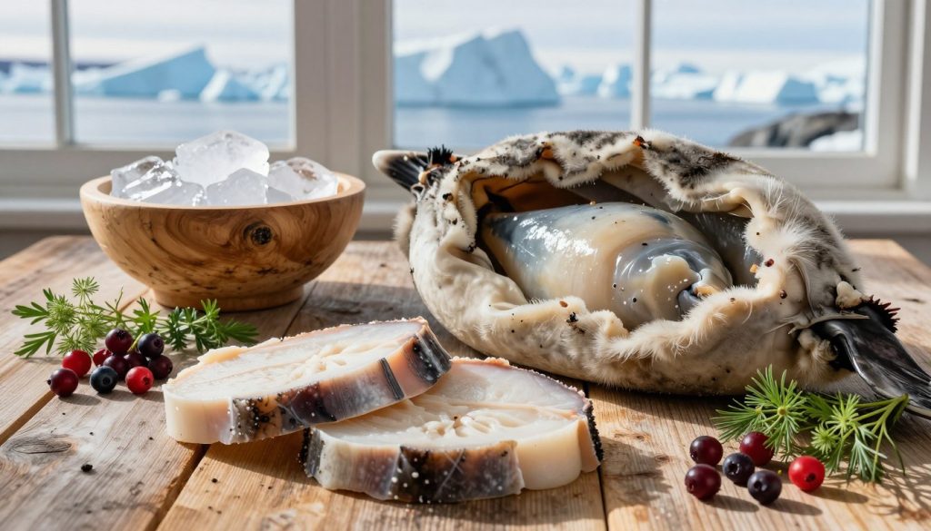 A vibrant arrangement of key ingredients from Greenlandic cuisine, showcasing kiviak and mattak. In the foreground, display slices of mattak, the skin and blubber of a whale, arranged beautifully alongside kiviak, which consists of fermented seabirds nestled in a seal skin. Include traditional Greenlandic herbs and berries, such as crowberries and angelica, artistically scattered around the dish. In the middle ground, add a rustic wooden table top with a birch wood bowl containing chunks of ice, representing the Arctic environment. Soft, natural lighting filters in from a window, casting gentle shadows and highlighting the textures of the ingredients. In the background, evoke the icy landscapes of Greenland, with blurred icebergs and a hint of a snowy terrain, creating a serene and authentic atmosphere that captures the essence of Inuit culinary traditions. A vibrant arrangement of key ingredients from Greenlandic cuisine, showcasing kiviak and mattak. In the foreground, display slices of mattak, the skin and blubber of a whale, arranged beautifully alongside kiviak, which consists of fermented seabirds nestled in a seal skin. Include traditional Greenlandic herbs and berries, such as crowberries and angelica, artistically scattered around the dish. In the middle ground, add a rustic wooden table top with a birch wood bowl containing chunks of ice, representing the Arctic environment. Soft, natural lighting filters in from a window, casting gentle shadows and highlighting the textures of the ingredients. In the background, evoke the icy landscapes of Greenland, with blurred icebergs and a hint of a snowy terrain, creating a serene and authentic atmosphere that captures the essence of Inuit culinary traditions.