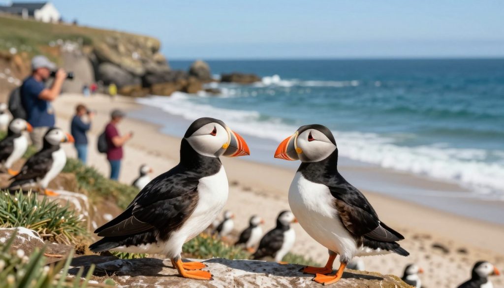 A vibrant coastal scene depicting puffins (maskonury) in their natural habitat, showcasing their unique features. In the foreground, a pair of colorful puffins perches on a rocky ledge, their beaks bright orange and black feathers glistening in the sunlight. In the middle ground, a serene beach with visitors in modest casual clothing observing the birds, capturing moments on their cameras. The background features a stunning ocean vista with gentle waves under a clear blue sky and rocky cliffs, enhancing the sense of discovery and tourism. Soft, warm sunlight creates a lively atmosphere, highlighting the connection between these charming birds and their cultural significance. The composition should evoke feelings of wonder and appreciation for nature, with a focus on the puffins and their enchanting environment.