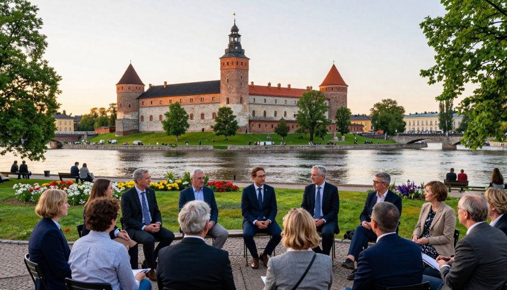 A vibrant cultural scene in Turku, Finland, foreground features a gathering of diverse individuals of varying ages, dressed in professional business attire, engaging in discussions about local history and education. The middle ground showcases the historic Turku Castle, surrounded by lush green trees and colorful flowers in spring bloom. In the background, the serene Aura River flows gently, reflecting the soft golden light of a late afternoon sun. The atmosphere is one of collaboration and respect for heritage, with warm and inviting tones throughout. Use a wide-angle lens to capture the expanse of this cultural hub, emphasizing the blend of historical architecture and contemporary education. The overall mood is uplifting and inspiring, showcasing the rich cultural and educational legacy of Turku. A vibrant cultural scene in Turku, Finland, foreground features a gathering of diverse individuals of varying ages, dressed in professional business attire, engaging in discussions about local history and education. The middle ground showcases the historic Turku Castle, surrounded by lush green trees and colorful flowers in spring bloom. In the background, the serene Aura River flows gently, reflecting the soft golden light of a late afternoon sun. The atmosphere is one of collaboration and respect for heritage, with warm and inviting tones throughout. Use a wide-angle lens to capture the expanse of this cultural hub, emphasizing the blend of historical architecture and contemporary education. The overall mood is uplifting and inspiring, showcasing the rich cultural and educational legacy of Turku.