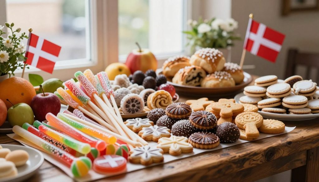 A vibrant display of Danish sweets and delicacies, focusing on traditional treats like licorice, marzipan, and pastries. In the foreground, a beautifully arranged platter showcases colorful candy and intricately designed cookies, with a rich selection of textures and shapes. The middle ground features a rustic wooden table adorned with fresh seasonal fruits and a few decorative elements like Danish flags and floral accents, adding a cultural touch. In the background, soft natural light filters through a window, creating a warm and inviting atmosphere that captures the essence of a cozy Danish caf&eacute;. The overall mood is festive and cheerful, inviting viewers to experience the delights of Danish confectionery.