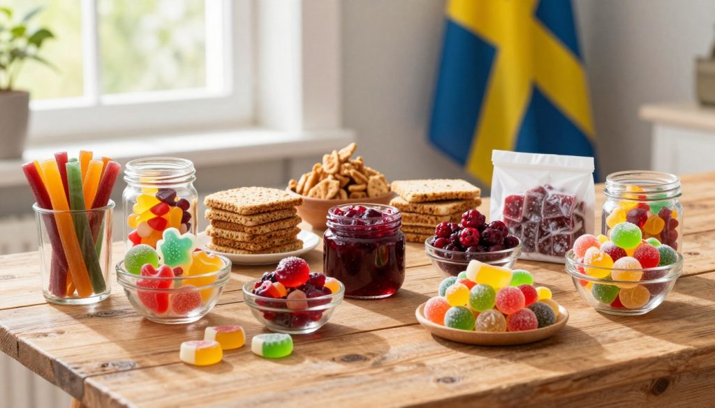 A vibrant display of Swedish sweets and treats arranged artfully on a rustic wooden table. In the foreground, a variety of traditional Swedish candies, such as salty licorice, brightly colored marzipan shapes, and multicolored gummy candies, are neatly presented in charming glass jars and small bowls. The middle ground features a selection of popular Swedish snacks like crispbread, cloudberry jam, and a neatly wrapped package of lingonberry sweets. In the background, soft natural light filters in through a window, casting gentle shadows and illuminating a Swedish flag subtly draped on the wall, enhancing the cultural atmosphere. The overall mood is warm and inviting, capturing the essence of Swedish culinary delights. The composition should be photographed from a slightly elevated angle to provide a clear view of the arrangement. A vibrant display of Swedish sweets and treats arranged artfully on a rustic wooden table. In the foreground, a variety of traditional Swedish candies, such as salty licorice, brightly colored marzipan shapes, and multicolored gummy candies, are neatly presented in charming glass jars and small bowls. The middle ground features a selection of popular Swedish snacks like crispbread, cloudberry jam, and a neatly wrapped package of lingonberry sweets. In the background, soft natural light filters in through a window, casting gentle shadows and illuminating a Swedish flag subtly draped on the wall, enhancing the cultural atmosphere. The overall mood is warm and inviting, capturing the essence of Swedish culinary delights. The composition should be photographed from a slightly elevated angle to provide a clear view of the arrangement.
