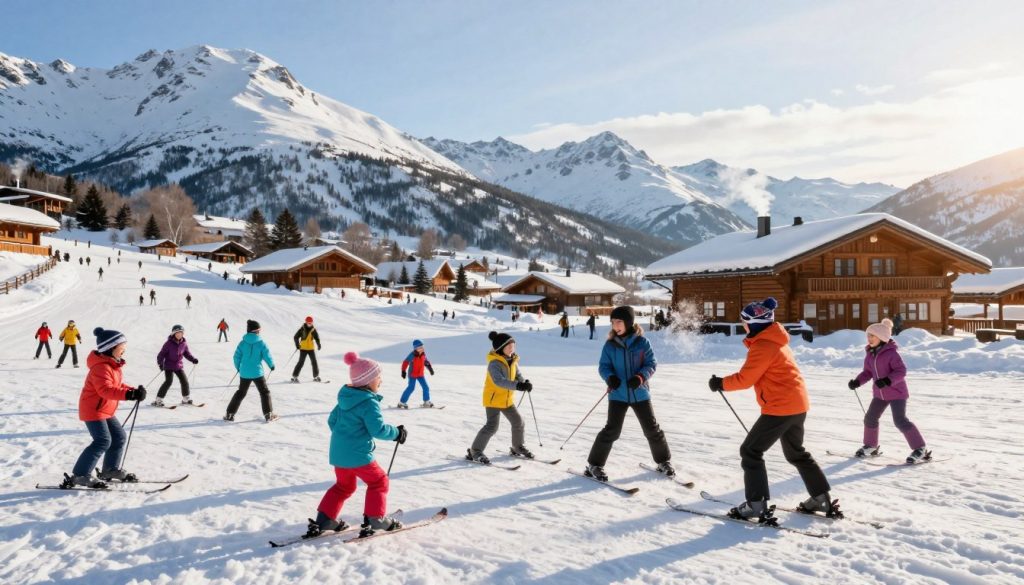 A vibrant family winter scene in Sweden, showcasing a snowy ski resort. In the foreground, a cheerful family dressed in colorful winter clothing enjoys a snowball fight, with children laughing and throwing snow. The middle ground features ski slopes with families skiing together, and a cozy wooden lodge with smoke gently rising from the chimney. In the background, majestic snow-covered mountains rise under a clear blue sky with soft sunlight illuminating the scene, creating a warm and inviting atmosphere. The setting conveys joy, togetherness, and the excitement of winter sports. The angle captures a wide view, emphasizing the breadth of the resort and the fun activities available for families.