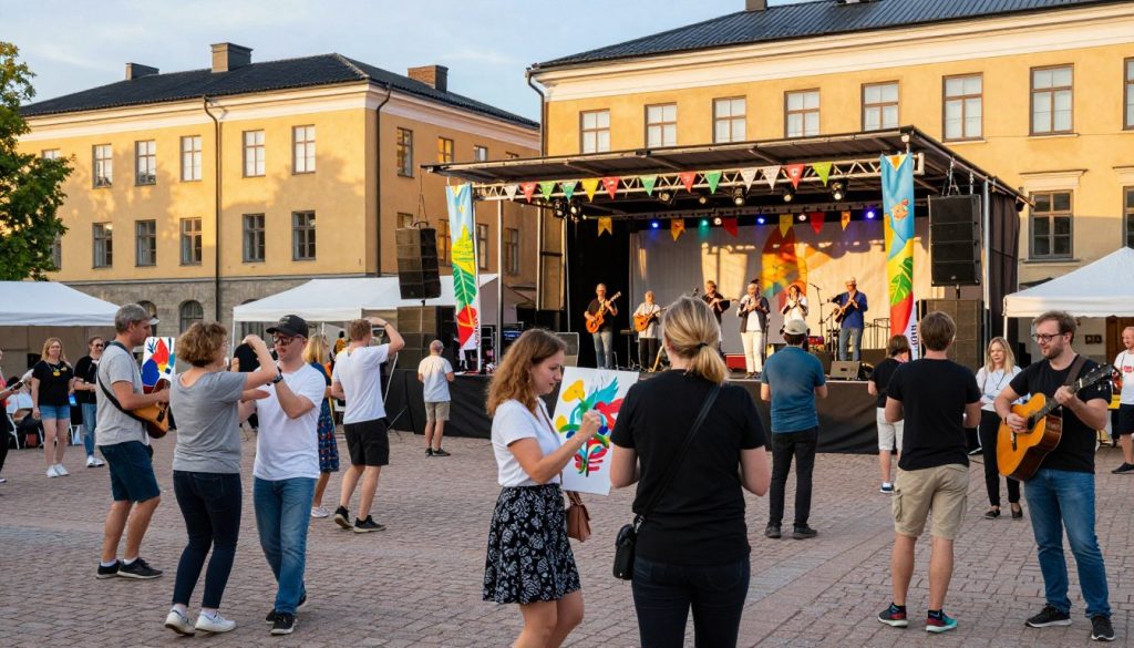 A vibrant festival scene in Turku, Finland, showcasing a lively artistic atmosphere. In the foreground, a diverse group of people in modest casual clothing engage in various activities, such as painting, dancing, and playing music. The middle ground features a beautifully decorated stage adorned with colorful banners and lights, where local artists perform. Behind the stage, historic buildings of Turku provide a picturesque backdrop, with warm sunlight casting a golden hue over the scene. The angle captures the essence of community and celebration, conveying a joyful, energetic mood. The image should have a soft focus on the background, highlighting the dynamic interactions in the foreground while maintaining clarity on the stage. The overall scene reflects the artistic spirit and cultural festivities of Turku. A vibrant festival scene in Turku, Finland, showcasing a lively artistic atmosphere. In the foreground, a diverse group of people in modest casual clothing engage in various activities, such as painting, dancing, and playing music. The middle ground features a beautifully decorated stage adorned with colorful banners and lights, where local artists perform. Behind the stage, historic buildings of Turku provide a picturesque backdrop, with warm sunlight casting a golden hue over the scene. The angle captures the essence of community and celebration, conveying a joyful, energetic mood. The image should have a soft focus on the background, highlighting the dynamic interactions in the foreground while maintaining clarity on the stage. The overall scene reflects the artistic spirit and cultural festivities of Turku.