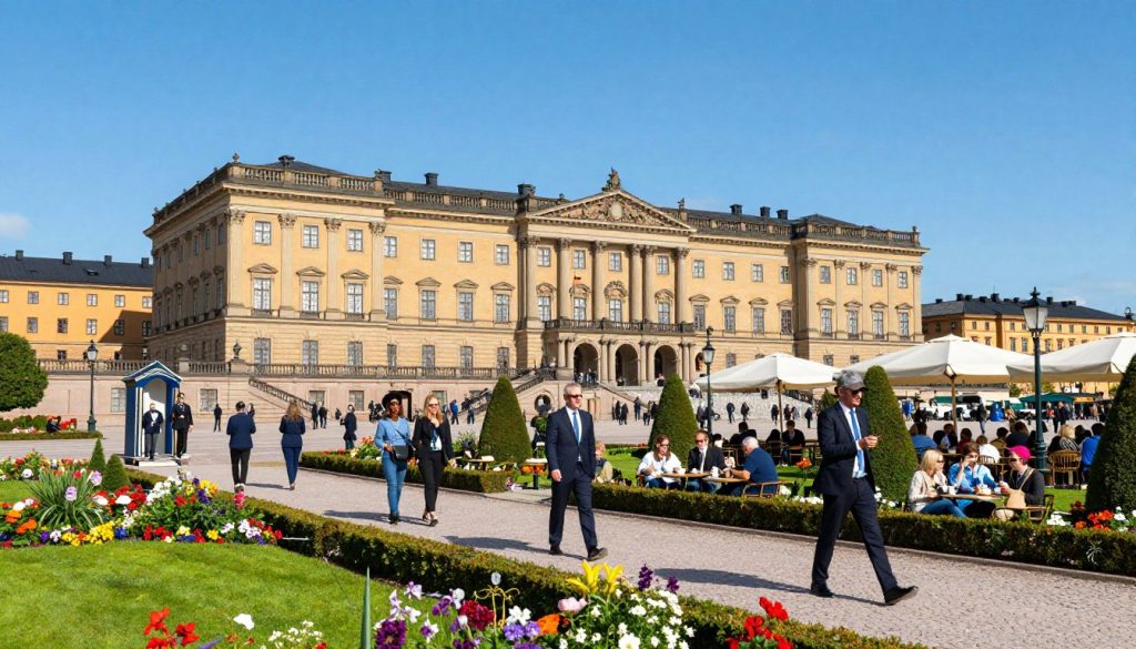 A vibrant scene depicting the Royal Palace of Stockholm surrounded by notable attractions. In the foreground, elegant visitors dressed in business attire stroll through a beautifully landscaped garden filled with colorful flowers and neatly trimmed hedges. The middle ground showcases iconic landmarks like the changing of the guard ceremony, outdoor cafés with people enjoying coffee, and families taking pictures by the historical architecture. In the background, the majestic palace stands proudly against a clear blue sky, with its intricate Baroque architecture highlighted in warm sunlight. The atmosphere is lively and inviting, capturing the essence of a bustling royal heritage site. Angled from a slightly elevated perspective, the image offers a panoramic view, capturing the grandeur and charm of the surrounding area without any text or additional overlays. A vibrant scene depicting the Royal Palace of Stockholm surrounded by notable attractions. In the foreground, elegant visitors dressed in business attire stroll through a beautifully landscaped garden filled with colorful flowers and neatly trimmed hedges. The middle ground showcases iconic landmarks like the changing of the guard ceremony, outdoor cafés with people enjoying coffee, and families taking pictures by the historical architecture. In the background, the majestic palace stands proudly against a clear blue sky, with its intricate Baroque architecture highlighted in warm sunlight. The atmosphere is lively and inviting, capturing the essence of a bustling royal heritage site. Angled from a slightly elevated perspective, the image offers a panoramic view, capturing the grandeur and charm of the surrounding area without any text or additional overlays.
