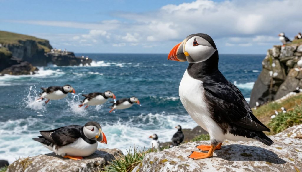 A vibrant scene depicting the daily life of a puffin, showcasing its activities both at sea and on land. In the foreground, a puffin is perched on a rocky cliff, its colorful beak and striking black and white feathers vividly detailed against the rough stones. In the middle ground, a small group of puffins are seen diving into the waves, splashing as they hunt for fish, while another rests on the beach, preening its feathers. The background features a dramatic coastal landscape with cliffs and rolling waves under a bright blue sky dotted with fluffy clouds. The lighting is bright and natural, capturing the essence of a sunny day in the North. The mood is lively and energetic, reflecting the dynamic life of these charming seabirds.