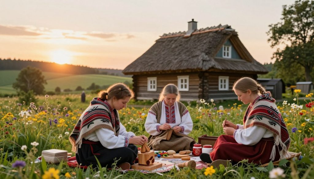 A vibrant scene depicting the essence of the Baltic people's heritage. In the foreground, a group of three individuals in modest traditional attire, including woven shawls and embroidered tunics, showcase their craft—one carving wood, another weaving, and the third painting traditional designs. The middle ground features a beautifully preserved thatched-roof cottage typical of Baltic architecture, surrounded by lush greenery and blooming wildflowers. In the background, gentle hills roll toward the horizon under a bright, golden sunset, casting warm, inviting light over the scene. The atmosphere is tranquil yet rich with cultural pride, capturing the identity and legacy of the Baltic peoples. The image is to be shot with a soft focus lens to enhance the warm feel, emphasizing the connection to nature and tradition. A vibrant scene depicting the essence of the Baltic people's heritage. In the foreground, a group of three individuals in modest traditional attire, including woven shawls and embroidered tunics, showcase their craft—one carving wood, another weaving, and the third painting traditional designs. The middle ground features a beautifully preserved thatched-roof cottage typical of Baltic architecture, surrounded by lush greenery and blooming wildflowers. In the background, gentle hills roll toward the horizon under a bright, golden sunset, casting warm, inviting light over the scene. The atmosphere is tranquil yet rich with cultural pride, capturing the identity and legacy of the Baltic peoples. The image is to be shot with a soft focus lens to enhance the warm feel, emphasizing the connection to nature and tradition.
