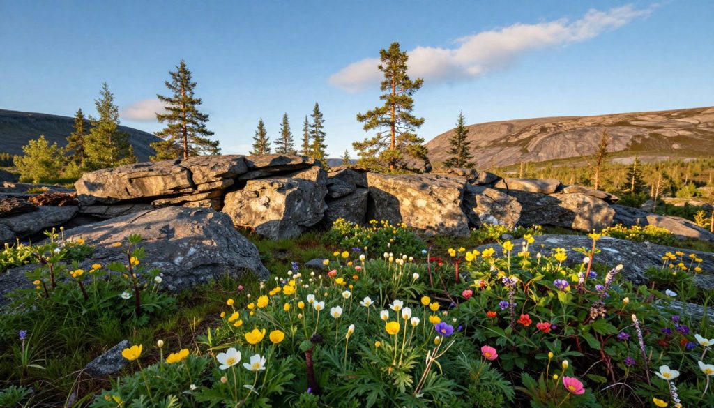 A vibrant scene depicting the fauna and flora of Abisko National Park in Sweden, capturing its unique biodiversity. In the foreground, colorful wildflowers such as Arctic poppies and dwarf birch create a lush carpet of greenery. The middle ground features iconic rock formations carved by glacial activity, showcasing dramatic textures and colors. Majestic pine trees rise in the background against a serene mountain backdrop, while a clear blue sky with soft white clouds bathes the landscape in warm sunlight, casting gentle shadows. The atmosphere evokes tranquility and awe, inviting viewers to appreciate the untouched beauty of nature in Abisko.