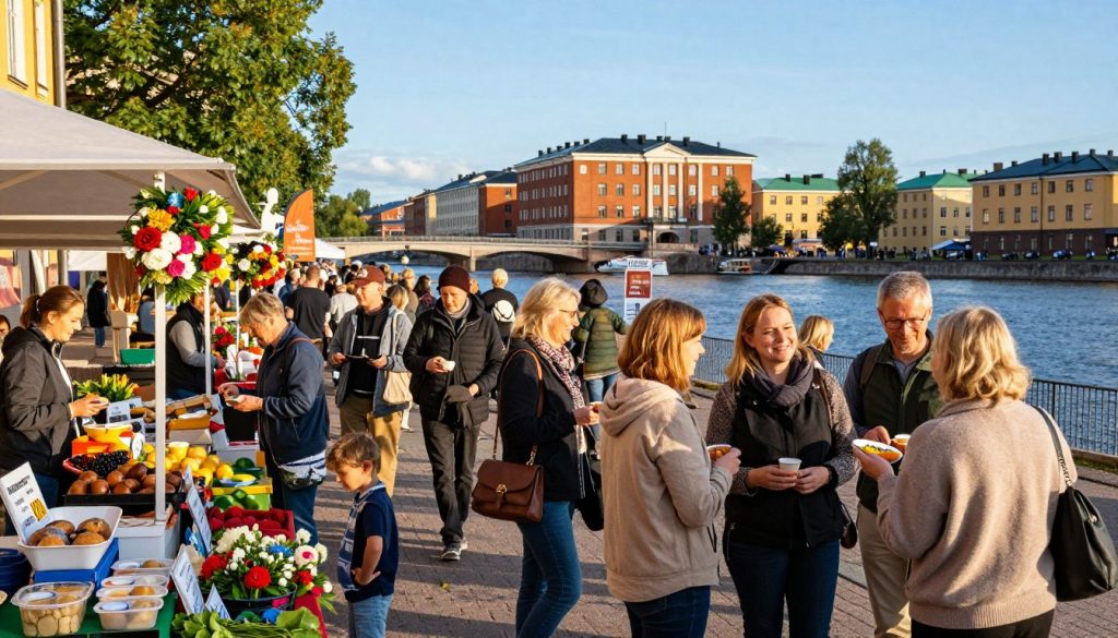 A vibrant street scene in Oulu, Finland, showcasing a bustling outdoor market filled with local vendors displaying fresh produce, artisanal goods, and traditional Finnish delicacies. In the foreground, a diverse group of people, including families and friends, enjoy sampling food, laughing, and engaging in friendly conversation, all dressed in casual but modest clothing. The middle ground features colorful stalls adorned with flowers and signs, while a backdrop of Oulu's unique architecture and the serene Oulu River is visible under a clear blue sky. The lighting is warm and inviting, creating a lively, joyful atmosphere. Capture the essence of local gastronomy, shopping experiences, and community without any text, ensuring a strong visual representation of Oulu's culinary culture and events.