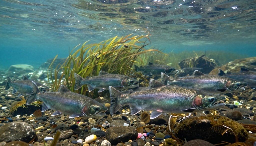 A vibrant underwater scene showcasing a healthy population of Baltic salmon swimming together in a clear, pristine river environment. In the foreground, a group of salmon are depicted in various dynamic poses, displaying their sleek bodies and shimmering scales. In the middle ground, diverse aquatic plants sway gently with the water current, while small rocks and pebbles provide texture to the riverbed. In the background, a sunlit underwater landscape stretches out, hinting at environmental challenges such as litter and industrial contamination, subtly included to reflect ecological concerns. Soft, dappled sunlight filters through the water, creating a serene yet thought-provoking atmosphere, urging awareness of salmon conservation. Shot from a low angle to highlight the fish and the natural beauty of their habitat.