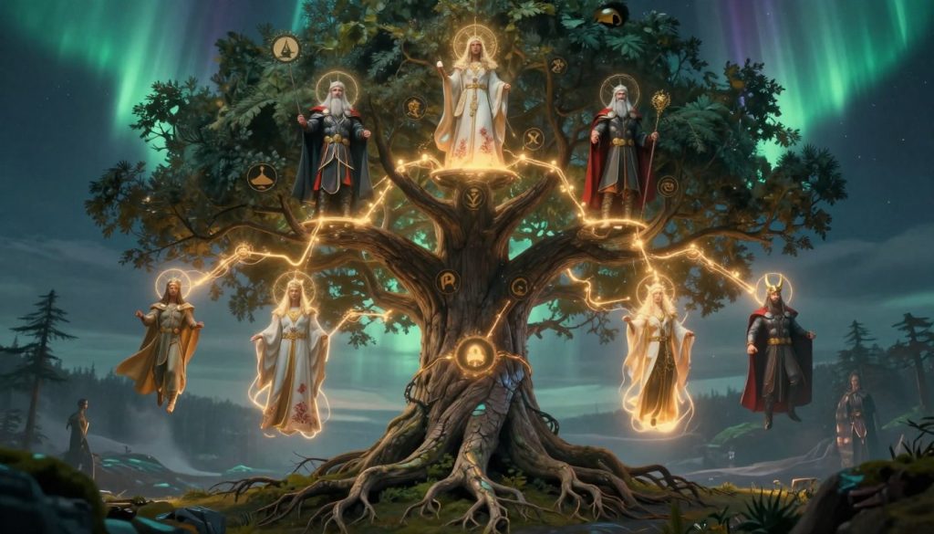 A visually captivating representation of a "tree of gods" in Norse mythology, intricately designed to showcase the relationships between different deities. In the foreground, a large, ancient tree with sprawling branches and roots symbolizes the familial connections among the gods, adorned with symbols depicting Odin, Thor, Freya, and Loki. In the middle ground, ethereal figures representing these gods are connected by flowing lines of energy, emanating a golden glow that enhances their divine presence. The background features a mystical landscape with northern lights flickering above, casting a serene yet powerful ambiance. Incorporate soft, diffused lighting to create a sense of mystery and enchantment, inviting the viewer into this rich mythological world. A visually captivating representation of a "tree of gods" in Norse mythology, intricately designed to showcase the relationships between different deities. In the foreground, a large, ancient tree with sprawling branches and roots symbolizes the familial connections among the gods, adorned with symbols depicting Odin, Thor, Freya, and Loki. In the middle ground, ethereal figures representing these gods are connected by flowing lines of energy, emanating a golden glow that enhances their divine presence. The background features a mystical landscape with northern lights flickering above, casting a serene yet powerful ambiance. Incorporate soft, diffused lighting to create a sense of mystery and enchantment, inviting the viewer into this rich mythological world.