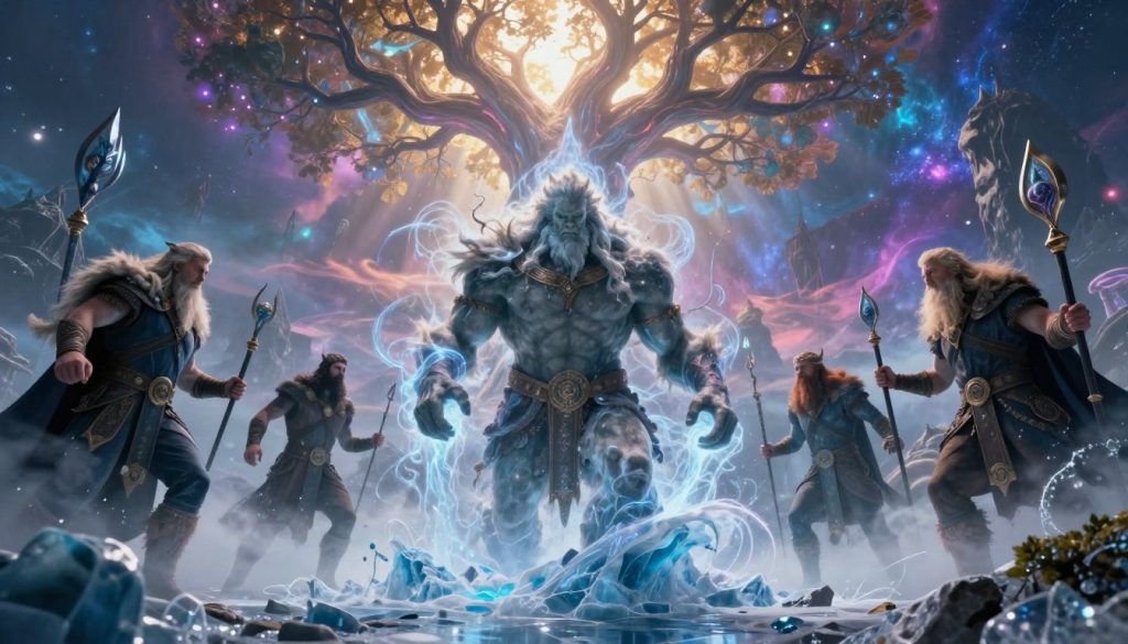 A vivid depiction of the "Creation of the World" in Norse mythology. In the foreground, Ymir, the primordial giant, is emerging from the ice and chaos, with streams of elemental magic swirling around him. In the middle ground, the giant is surrounded by gods like Odin, Vili, and Vé, who are actively shaping the earth. The background features the vibrant realms of Midgard, Asgard, and the cosmic Yggdrasil tree stretching into the sky, filled with radiant light and ethereal colors. The scene is illuminated by soft, divine light, creating an ethereal atmosphere, with a slight mist highlighting the mythical quality of the image. A wide-angle lens captures the grandeur, focusing on the intricate details of the gods’ expressions and the dynamic interplay of creation. A vivid depiction of the "Creation of the World" in Norse mythology. In the foreground, Ymir, the primordial giant, is emerging from the ice and chaos, with streams of elemental magic swirling around him. In the middle ground, the giant is surrounded by gods like Odin, Vili, and Vé, who are actively shaping the earth. The background features the vibrant realms of Midgard, Asgard, and the cosmic Yggdrasil tree stretching into the sky, filled with radiant light and ethereal colors. The scene is illuminated by soft, divine light, creating an ethereal atmosphere, with a slight mist highlighting the mythical quality of the image. A wide-angle lens captures the grandeur, focusing on the intricate details of the gods’ expressions and the dynamic interplay of creation.