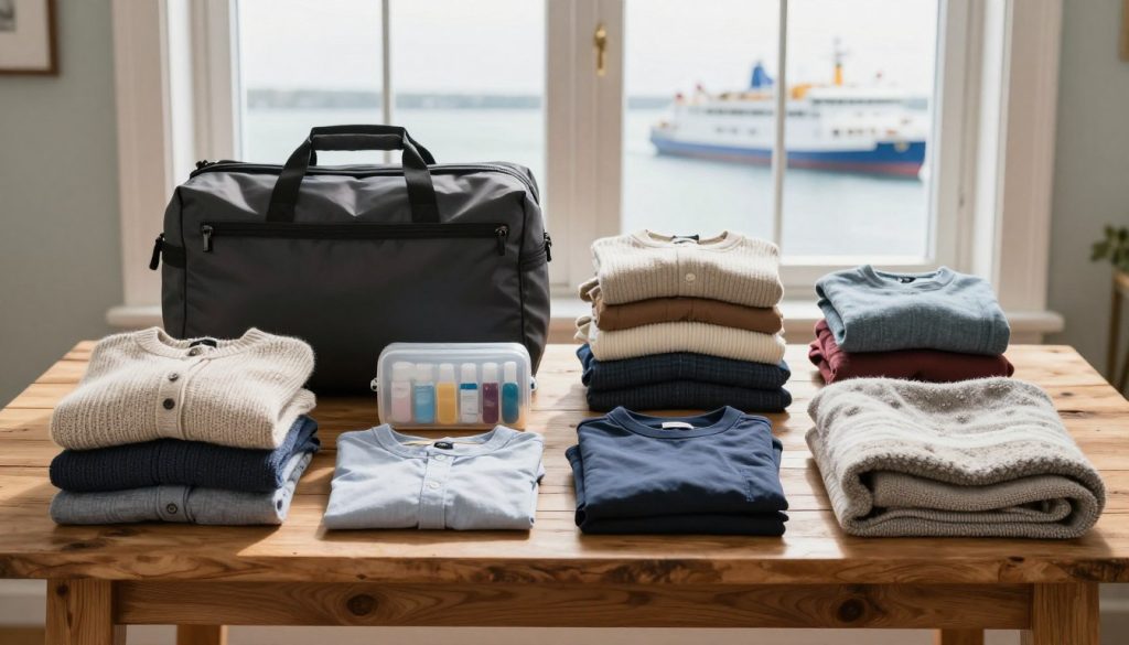 A well-organized packing checklist displayed neatly on a rustic wooden table, surrounded by neatly folded clothes in layers, such as sweaters, shirts, and trousers. Include practical travel accessories like a folding bag, a travel-sized toiletry kit, a warm scarf, and a cozy blanket, all arranged harmoniously. In the background, a large, soft-focus window reveals a subtle glimpse of a ferry on the water, hinting at a journey to Sweden. Soft, natural light streams in, casting gentle shadows that create a calm and organized atmosphere. The overall mood is inviting and practical, illustrating effective packing tips for a trip. No text, captions, or human figures present in the image. A well-organized packing checklist displayed neatly on a rustic wooden table, surrounded by neatly folded clothes in layers, such as sweaters, shirts, and trousers. Include practical travel accessories like a folding bag, a travel-sized toiletry kit, a warm scarf, and a cozy blanket, all arranged harmoniously. In the background, a large, soft-focus window reveals a subtle glimpse of a ferry on the water, hinting at a journey to Sweden. Soft, natural light streams in, casting gentle shadows that create a calm and organized atmosphere. The overall mood is inviting and practical, illustrating effective packing tips for a trip. No text, captions, or human figures present in the image.