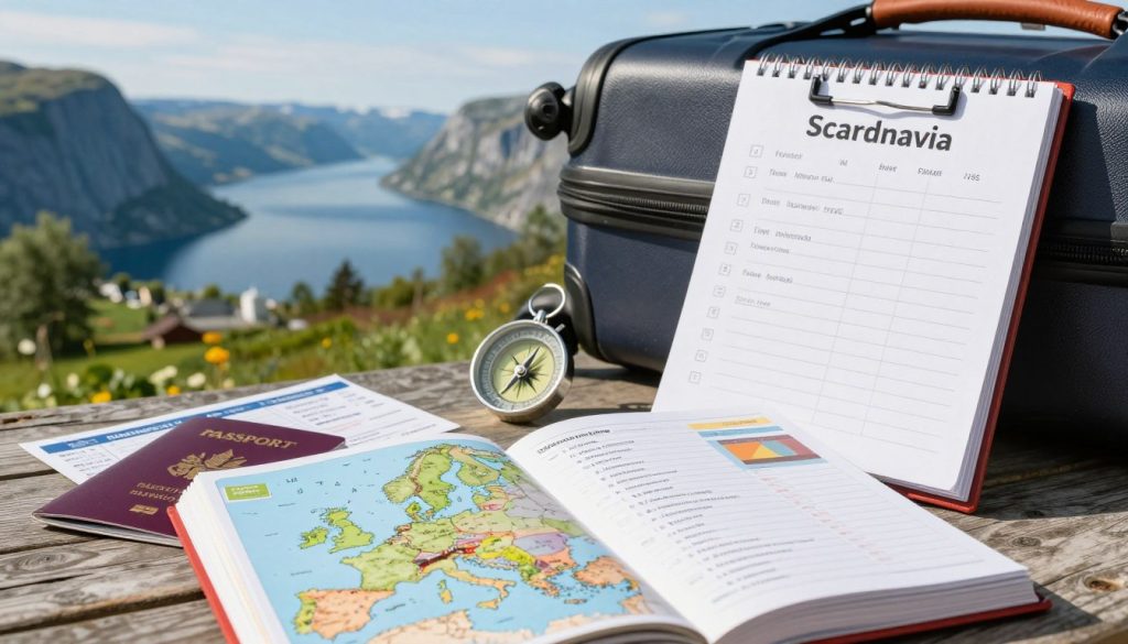 A well-organized travel scene illustrating practical tips for preparing for a trip to Scandinavia. In the foreground, a stylish travel planner with an open map of Denmark and Sweden, highlighted with travel documents like a passport and tickets. In the middle, a compass, luggage, and a checklist of travel essentials such as warm clothing, travel adapters, and a guidebook. The background features a scenic view of a Scandinavian landscape, showcasing majestic fjords and lush greenery under a clear, sunny sky. Soft natural lighting creates a warm, inviting atmosphere, with a slightly blurred focus on the background to emphasize the travel items in the foreground. The overall mood is one of excitement and adventure, perfect for inspiring travelers. A well-organized travel scene illustrating practical tips for preparing for a trip to Scandinavia. In the foreground, a stylish travel planner with an open map of Denmark and Sweden, highlighted with travel documents like a passport and tickets. In the middle, a compass, luggage, and a checklist of travel essentials such as warm clothing, travel adapters, and a guidebook. The background features a scenic view of a Scandinavian landscape, showcasing majestic fjords and lush greenery under a clear, sunny sky. Soft natural lighting creates a warm, inviting atmosphere, with a slightly blurred focus on the background to emphasize the travel items in the foreground. The overall mood is one of excitement and adventure, perfect for inspiring travelers.