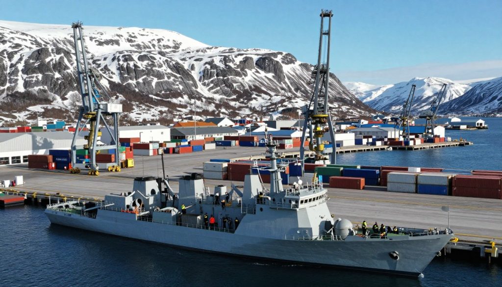 Aerial view of the strategic port of Narvik, Norway, showcasing the detailed layout of docks and shipping containers. In the foreground, include a military ship anchored at the pier, with its crew in professional attire, engaged in operations. In the middle ground, container cranes and warehouses reflect the bustling activity of the port, with cargo being loaded. The background features rugged, snow-capped mountains under a clear blue sky, conveying the harsh, strategic environment of the region. The lighting is bright and natural, highlighting the industrial elements. The atmosphere is tense yet organized, symbolizing the port's significance in wartime logistics, capturing the essence of military operations in a serene yet imposing landscape.