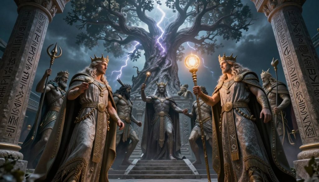 Asowie and Wanowie depicted in a grand pantheon of Nordic gods, surrounded by intricately carved stone columns adorned with mythical runes. In the foreground, Asowie, a regal figure, wears a flowing cloak embellished with symbols of wisdom, while Wanowie, equally majestic, stands beside, holding a staff crowned with a glowing orb. The middle ground showcases other gods, each embodying different aspects of nature, like thunder and fertility, creating a dynamic interaction among them. In the background, a vast tree of life emerges, its branches stretching toward a stormy sky illuminated by ethereal lightning. The scene is captured in dramatic lighting, with a low-angle view that enhances their heroic stature, conveying a mood of reverence and power. The ambiance is mystical and ethereal, echoing the grandeur of ancient mythology. Asowie and Wanowie depicted in a grand pantheon of Nordic gods, surrounded by intricately carved stone columns adorned with mythical runes. In the foreground, Asowie, a regal figure, wears a flowing cloak embellished with symbols of wisdom, while Wanowie, equally majestic, stands beside, holding a staff crowned with a glowing orb. The middle ground showcases other gods, each embodying different aspects of nature, like thunder and fertility, creating a dynamic interaction among them. In the background, a vast tree of life emerges, its branches stretching toward a stormy sky illuminated by ethereal lightning. The scene is captured in dramatic lighting, with a low-angle view that enhances their heroic stature, conveying a mood of reverence and power. The ambiance is mystical and ethereal, echoing the grandeur of ancient mythology.