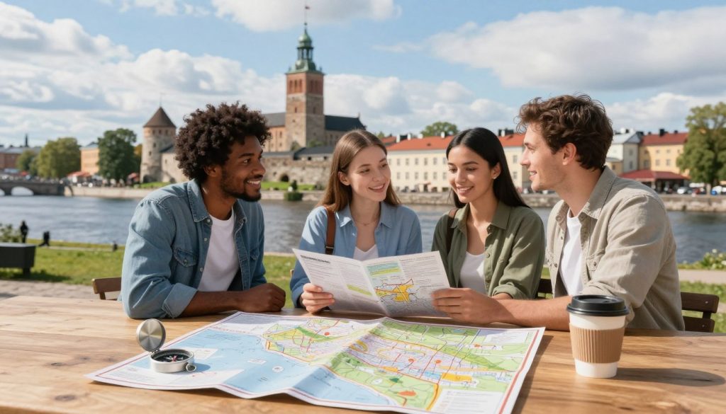 Generate an image portraying practical travel tips for visitors to Turku, Finland. In the foreground, include a well-organized travel planning scene, featuring a neatly arranged travel map, a compass, and a coffee cup on a wooden table. In the middle layer, showcase a diverse group of three travelers (one man and two women) discussing their itinerary, dressed in smart casual attire, emanating a friendly, excited atmosphere. In the background, depict a scenic view of Turku's historic architecture, including the Turku Castle and the Aura River, under a bright blue sky with fluffy clouds. Use soft, natural lighting to create a welcoming ambiance, captured with a slightly elevated angle for depth and perspective. The overall mood should be inviting and informative, inspiring wanderlust and exploration. Generate an image portraying practical travel tips for visitors to Turku, Finland. In the foreground, include a well-organized travel planning scene, featuring a neatly arranged travel map, a compass, and a coffee cup on a wooden table. In the middle layer, showcase a diverse group of three travelers (one man and two women) discussing their itinerary, dressed in smart casual attire, emanating a friendly, excited atmosphere. In the background, depict a scenic view of Turku's historic architecture, including the Turku Castle and the Aura River, under a bright blue sky with fluffy clouds. Use soft, natural lighting to create a welcoming ambiance, captured with a slightly elevated angle for depth and perspective. The overall mood should be inviting and informative, inspiring wanderlust and exploration.