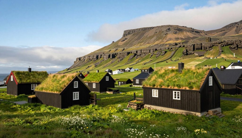 Traditional grass-roofed houses of Mi&eth;v&aacute;gur nestled in the serene landscape of the Faroe Islands. In the foreground, there are quaint cottages with vibrant green grass roofs, their wooden facades showing the rustic charm of local architecture. The middle ground features lush green fields dotted with wildflowers, leading towards a clear blue sky. Soft sunlight bathes the scene, casting gentle shadows and creating a warm, inviting atmosphere. In the background, dramatic cliffs rise against the horizon, framed by patches of fluffy white clouds. The overall mood is tranquil and culturally rich, reflecting the heart of history and tradition in Mi&eth;v&aacute;gur. The image is captured from a slight elevation, using a wide lens to encompass the beauty of this unique village setting.