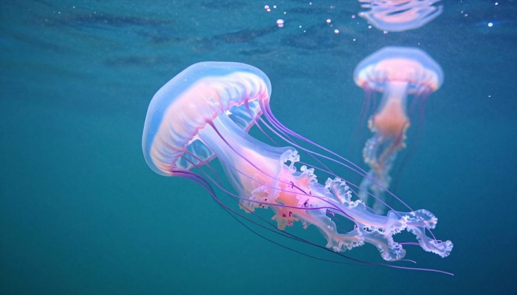 Vibrant underwater scene featuring a Chełbia modra (blue jellyfish) gliding gracefully through the water, with its translucent, bell-shaped body displaying a beautiful gradient of blues and whites. Surrounding it, a Bełtwa festonowa (lion's mane jellyfish) with long, flowing tentacles creates a striking contrast, showcasing delicate pink and purple hues. The foreground captures the intricate textures of the jellyfish's bodies, while the middle focuses on the ethereal movement of their tentacles. In the background, soft sunlight filters through the water surface, creating a serene ambiance and illuminating tiny particles and bubbles. The overall atmosphere is tranquil and enchanting, evoking the mysterious beauty of the Baltic Sea’s jellyfish species. Vibrant underwater scene featuring a Chełbia modra (blue jellyfish) gliding gracefully through the water, with its translucent, bell-shaped body displaying a beautiful gradient of blues and whites. Surrounding it, a Bełtwa festonowa (lion's mane jellyfish) with long, flowing tentacles creates a striking contrast, showcasing delicate pink and purple hues. The foreground captures the intricate textures of the jellyfish's bodies, while the middle focuses on the ethereal movement of their tentacles. In the background, soft sunlight filters through the water surface, creating a serene ambiance and illuminating tiny particles and bubbles. The overall atmosphere is tranquil and enchanting, evoking the mysterious beauty of the Baltic Sea’s jellyfish species.