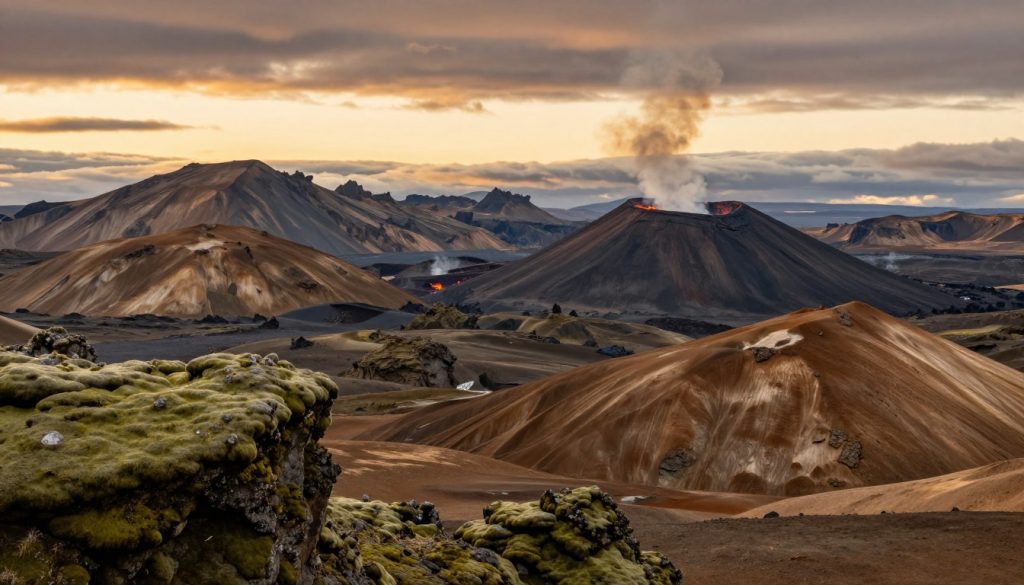 A breathtaking landscape showcasing the diverse volcanoes of Iceland, highlighting various types like stratovolcanoes, shield volcanoes, and fissure vents. In the foreground, lush green moss-covered rocks contrast with the rich colors of volcanic soil. The middle ground features a majestic, smoldering stratovolcano, with wisps of steam rising from its peak. In the distance, a panoramic view reveals a series of rugged mountains, blending with a dramatic sky tinged in warm sunset hues. The scene is illuminated by soft golden light, enhancing the textures of the volcanic terrain, with scattered clouds adding depth. The overall mood conveys awe and the raw power of nature, inviting viewers to appreciate Iceland’s volcanic diversity. A breathtaking landscape showcasing the diverse volcanoes of Iceland, highlighting various types like stratovolcanoes, shield volcanoes, and fissure vents. In the foreground, lush green moss-covered rocks contrast with the rich colors of volcanic soil. The middle ground features a majestic, smoldering stratovolcano, with wisps of steam rising from its peak. In the distance, a panoramic view reveals a series of rugged mountains, blending with a dramatic sky tinged in warm sunset hues. The scene is illuminated by soft golden light, enhancing the textures of the volcanic terrain, with scattered clouds adding depth. The overall mood conveys awe and the raw power of nature, inviting viewers to appreciate Iceland’s volcanic diversity.