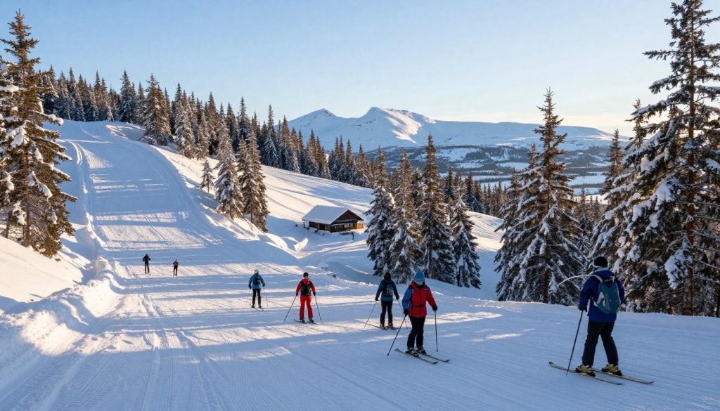 A breathtaking winter landscape in Finland featuring a variety of ski slopes, showcasing both advanced trails and gentle beginner slopes. In the foreground, a diverse group of skiers in modest, colorful ski attire is actively enjoying their day on the crisp, powdery snow. The middle ground reveals a winding trail that snakes through tall, snow-laden pine trees, leading towards a cozy, rustic ski lodge nestled among the slopes. In the background, majestic mountains rise under a clear, blue sky, illuminated by soft, warm sunlight filtering through the branches. The scene conveys a sense of adventure and tranquility, perfect for winter sports enthusiasts of every level. The angle should be a slightly elevated view, capturing both the expanse of the trails and the inviting ambiance of the Finnish winter landscape. A breathtaking winter landscape in Finland featuring a variety of ski slopes, showcasing both advanced trails and gentle beginner slopes. In the foreground, a diverse group of skiers in modest, colorful ski attire is actively enjoying their day on the crisp, powdery snow. The middle ground reveals a winding trail that snakes through tall, snow-laden pine trees, leading towards a cozy, rustic ski lodge nestled among the slopes. In the background, majestic mountains rise under a clear, blue sky, illuminated by soft, warm sunlight filtering through the branches. The scene conveys a sense of adventure and tranquility, perfect for winter sports enthusiasts of every level. The angle should be a slightly elevated view, capturing both the expanse of the trails and the inviting ambiance of the Finnish winter landscape.