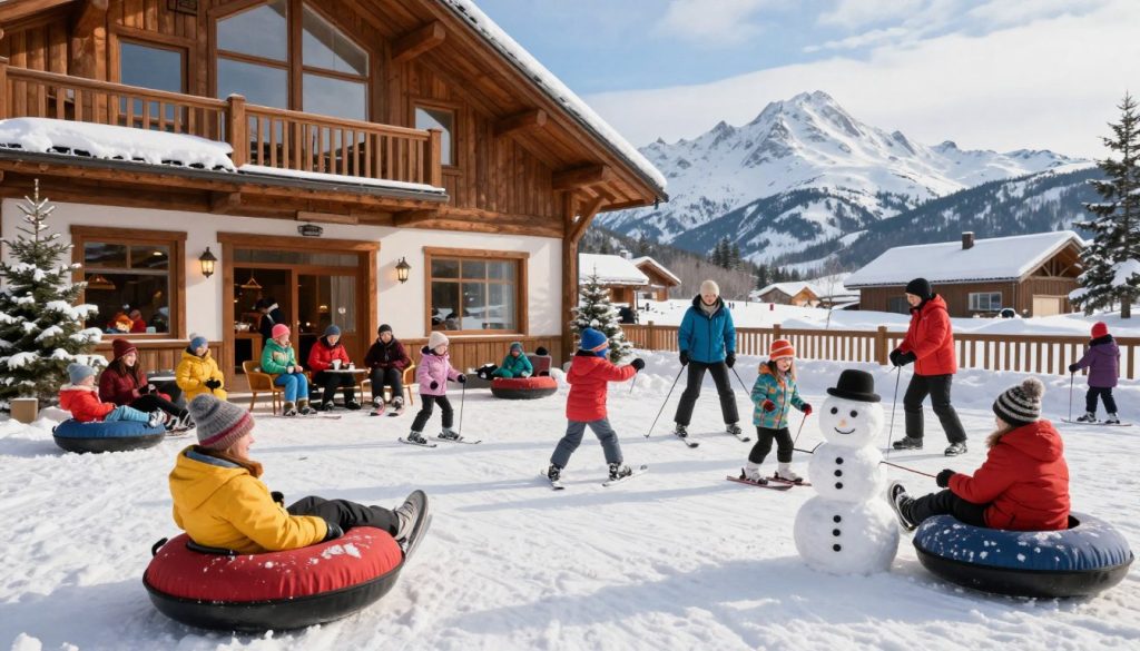 A cozy family scene in a Finnish ski resort, featuring a variety of winter activities and amenities for families. In the foreground, cheerful families are enjoying snow tubing and building snowmen, dressed in colorful winter clothing. In the middle ground, a charming ski lodge with large windows exudes warmth, showcasing families gathered around a fireplace, sipping hot chocolate. Children are seen learning to ski under the guidance of trained instructors, while others engage in a snowball fight. The background reveals majestic snow-covered mountains under a clear blue sky, bathed in soft sunlight. The overall mood is joyful and festive, capturing the spirit of a family-friendly winter getaway. The composition is bright and inviting, with a wide-angle view that enhances the atmosphere of togetherness and fun. A cozy family scene in a Finnish ski resort, featuring a variety of winter activities and amenities for families. In the foreground, cheerful families are enjoying snow tubing and building snowmen, dressed in colorful winter clothing. In the middle ground, a charming ski lodge with large windows exudes warmth, showcasing families gathered around a fireplace, sipping hot chocolate. Children are seen learning to ski under the guidance of trained instructors, while others engage in a snowball fight. The background reveals majestic snow-covered mountains under a clear blue sky, bathed in soft sunlight. The overall mood is joyful and festive, capturing the spirit of a family-friendly winter getaway. The composition is bright and inviting, with a wide-angle view that enhances the atmosphere of togetherness and fun.