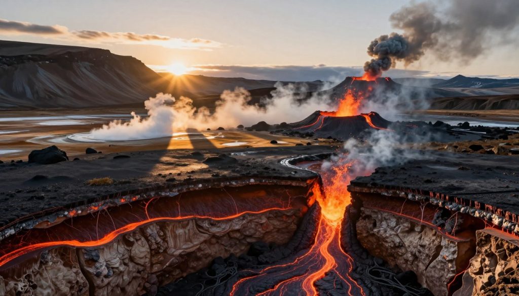 A dramatic scene showcasing the mechanisms of volcanic eruptions and earthquakes in Iceland. In the foreground, a detailed cross-section of the Earth's crust reveals magma chambers, tectonic plates shifting, and fault lines with molten lava emerging. The middle ground features a dynamic landscape of volcanic formations and erupting geysers, illuminated by a golden-hued sunset casting long shadows. In the background, a rugged mountainous terrain with distant volcanic eruptions emits smoke and ash into the sky. The atmosphere is intense and captivating, highlighting the raw power of nature. Use realistic rendering with high contrast lighting, emphasizing depth and texture, to convey the urgency and beauty of geological activity. A wide-angle perspective will enhance the dramatic effect, inviting viewers to explore this striking natural phenomenon. A dramatic scene showcasing the mechanisms of volcanic eruptions and earthquakes in Iceland. In the foreground, a detailed cross-section of the Earth's crust reveals magma chambers, tectonic plates shifting, and fault lines with molten lava emerging. The middle ground features a dynamic landscape of volcanic formations and erupting geysers, illuminated by a golden-hued sunset casting long shadows. In the background, a rugged mountainous terrain with distant volcanic eruptions emits smoke and ash into the sky. The atmosphere is intense and captivating, highlighting the raw power of nature. Use realistic rendering with high contrast lighting, emphasizing depth and texture, to convey the urgency and beauty of geological activity. A wide-angle perspective will enhance the dramatic effect, inviting viewers to explore this striking natural phenomenon.