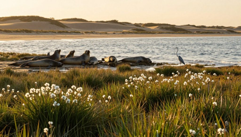A serene coastal landscape showcasing the diverse flora and fauna of a tidal marsh. In the foreground, a variety of salt-tolerant plants, including smooth cordgrass and marsh mallow, create a lush, vibrant foreground. In the middle ground, a group of playful seals bask on a rocky outcrop, while a pair of elegant herons stand gracefully nearby, capturing the essence of the local avian life. The background features rolling dunes leading to calm, shimmering waters under a soft golden sunset, casting warm light throughout the scene. The atmosphere is tranquil and inviting, with gentle waves lapping at the shore. Use a wide-angle lens perspective for an expansive view, emphasizing the interconnectedness of marine and terrestrial habitats. The overall mood is peaceful and harmonious, perfect for illustrating the beauty of nature in this unique ecosystem.