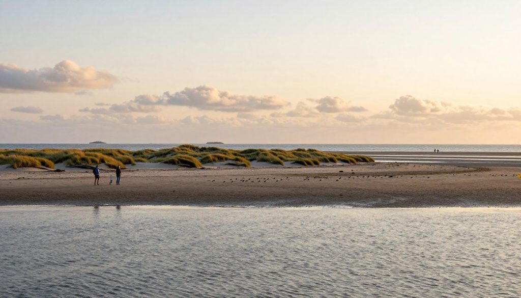 A serene landscape of the Wadden Sea in Denmark, showcasing its renowned tidal flats. In the foreground, gentle ripples of shallow water reflect the soft golden light of a setting sun, with a few tourists wearing casual attire exploring the barren sandy shores and observing unique wildlife. In the middle ground, scattered grass-covered dunes provide a habitat for various birds, subtly adding life to the scene. The background features a vast expanse of the sea stretching towards the horizon, with hints of distant islands and fluffy clouds in the sky painted in warm hues. The overall atmosphere is tranquil and inviting, perfect for exploring the natural beauty and recreational opportunities of the Wadden Sea National Park. The image should be captured with a wide-angle lens, emphasizing depth and clarity.