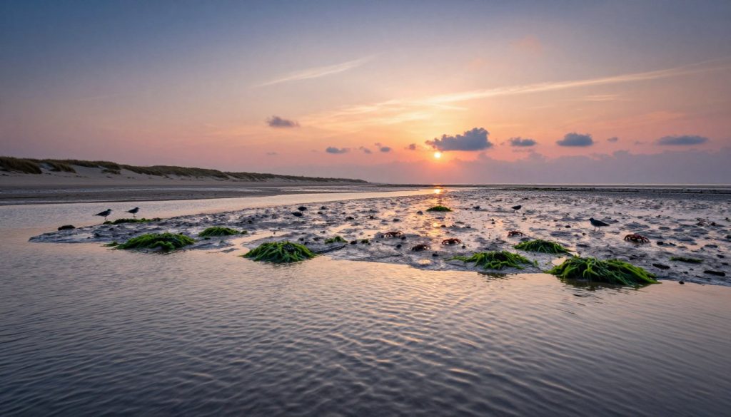 A unique landscape of the Wadden Sea during low tide, showcasing the vast, exposed mudflats teeming with marine life. In the foreground, gentle ripples in the shallow water reflect the soft golden glow of the setting sun. A few silhouetted seabirds delicately stroll across the mud, while clusters of bright green seaweed add vibrant touches. In the middle ground, tidal pools shimmer, revealing glimpses of crabs and tiny fish. The sky is dramatic, painted with hues of orange, pink, and deep blue, complementing the tranquil atmosphere. In the background, distant sandy dunes rise softly against the horizon, where wispy clouds drift lazily. The scene captures the serene beauty and unique phenomena of tidal landscapes, inviting a sense of calm and wonder.