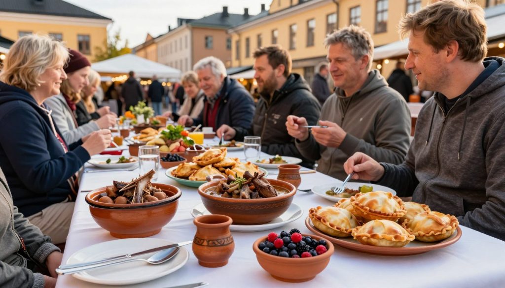 A vibrant and inviting scene showcasing the gastronomy and local flavors of Tampere, Finland. In the foreground, a beautifully arranged table featuring an array of Finnish delicacies, such as reindeer stew, Karelian pies, and fresh berries, presented with rustic cutlery and pottery. In the middle ground, patrons enjoying their meals at an open-air market, dressed in casual clothing, animatedly discussing the dishes around them. The background features historic architecture of Tampere, with warm sunlight casting a golden hue over the scene, evoking a cozy atmosphere. Soft focus on the details, enhancing the delightful textures of the food and the joyful expressions of the people, while maintaining a depth of field that draws the viewer&rsquo;s focus to the culinary delights.