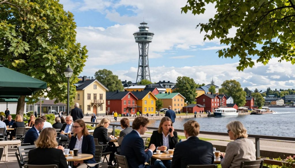 A vibrant street view of Tampere, showcasing the lively atmosphere of its city center, with modern Finnish architecture blended with historic buildings. In the foreground, people in professional business attire are enjoying a day out, perhaps sipping coffee at outdoor cafes. In the middle ground, the iconic Pyynikki observation tower rises majestically, surrounded by lush green trees and the serene waters of Lake Pyh&auml;j&auml;rvi. The colorful wooden houses of Pispala can be seen in the background, nestled on the hillsides, with a bright blue sky overhead. Soft, natural sunlight bathes the scene in warmth, creating an inviting ambiance. The composition captures the essence of Tampere's unique urban charm, highlighting its cultural richness and stunning landscapes.