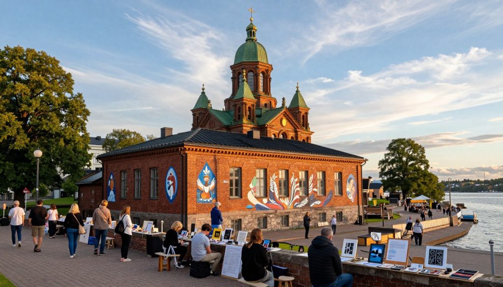 A vibrant view of Tampere&rsquo;s rich cultural heritage, focusing on a traditional Finnish brick building adorned with artistic murals. In the foreground, showcase a lively outdoor art market with local artists displaying their crafts, dressed in modest casual clothing. The middle layer features the iconic Tampere Cathedral, its architecture reflecting the city's artistic spirit, bathed in warm, golden sunlight during the golden hour. The background includes the serene waters of Lake Pyh&auml;j&auml;rvi, framed by green trees and a soft blue sky streaked with wispy clouds. Capture a sense of community and creativity in the atmosphere with subtle light effects that evoke a feeling of inspiration and cultural pride. Use a wide-angle lens to encompass the bustling activity and tranquil scenery.