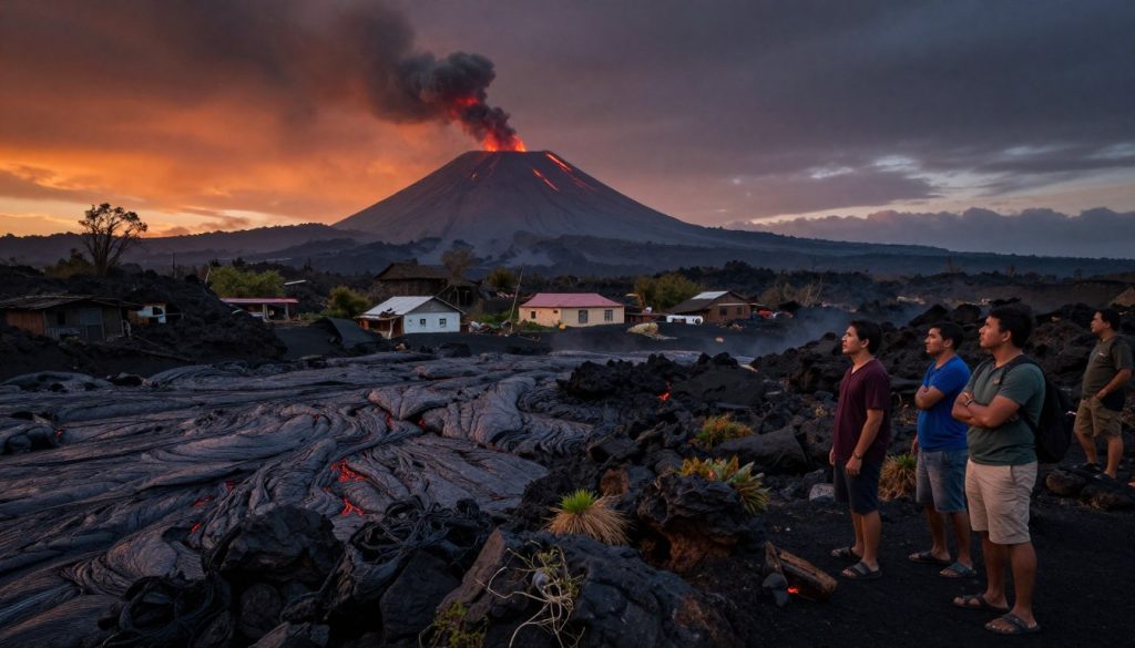In the foreground, depict a rugged volcanic landscape characterized by freshly cooled lava flows and craggy rocks, with patches of resilient vegetation emerging. Include a few local residents in moderate casual clothing, observing the scene with a sense of awe and concern, their expressions reflecting the impact of the eruption. In the middle ground, illustrate a small settlement with sturdy houses, slightly damaged but still standing amidst the environmental upheaval. In the background, feature an active volcano with smoke billowing from its summit, casting a dramatic shadow across the landscape. Capture the scene during a moody twilight, where the sky transitions from fiery orange to deep indigo, highlighting the stark contrast between nature's beauty and its destructive power. Use a wide-angle lens to convey vastness and depth, enhancing the overwhelming atmosphere of change. In the foreground, depict a rugged volcanic landscape characterized by freshly cooled lava flows and craggy rocks, with patches of resilient vegetation emerging. Include a few local residents in moderate casual clothing, observing the scene with a sense of awe and concern, their expressions reflecting the impact of the eruption. In the middle ground, illustrate a small settlement with sturdy houses, slightly damaged but still standing amidst the environmental upheaval. In the background, feature an active volcano with smoke billowing from its summit, casting a dramatic shadow across the landscape. Capture the scene during a moody twilight, where the sky transitions from fiery orange to deep indigo, highlighting the stark contrast between nature's beauty and its destructive power. Use a wide-angle lens to convey vastness and depth, enhancing the overwhelming atmosphere of change.